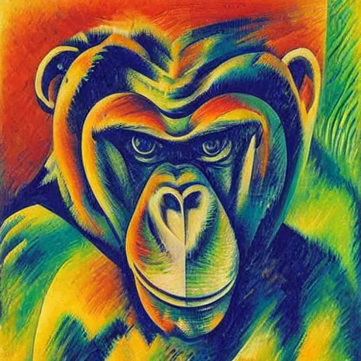 Image similar to cubo - futurism art portrait of an ape monkey by umberto boccioni, futuristic very abstract style, color painting