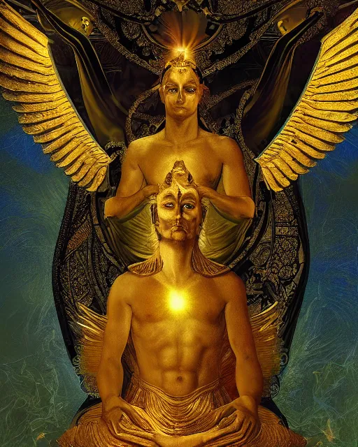 Prompt: the enigma god with a golden halo with forbidden knowledge by frank frazzetta