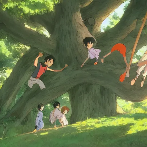 Prompt: The battle for the treehouse, kids trying to take a treehouse from another group of kids, by Dice Tsutsumi, Makoto Shinkai, Studio Ghibli