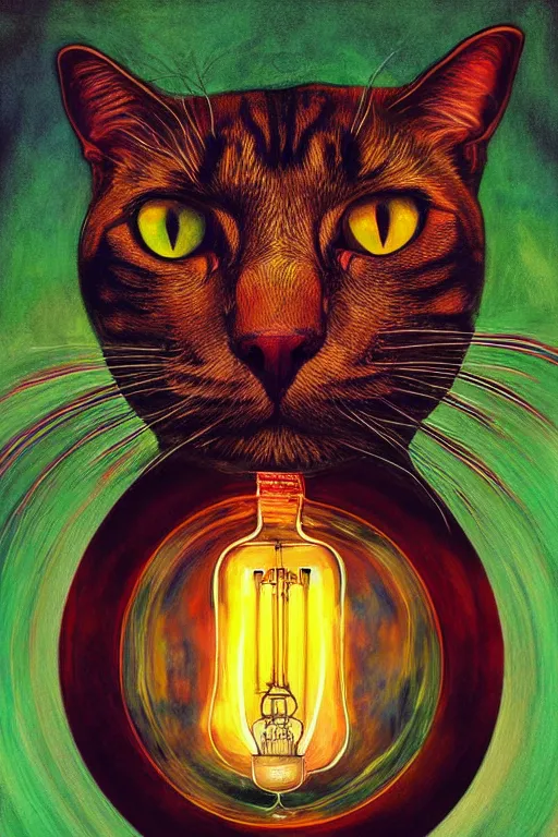 Image similar to portrait of a cat inside a light bulb, modern fine art, dreamscape, intricate, elegant, subsurface scattering, highly detailed, pop art painting, organic acrylic flow art, psychedelic surreal art, acrylic art, watercolor, featured on deviantart, cgsociety