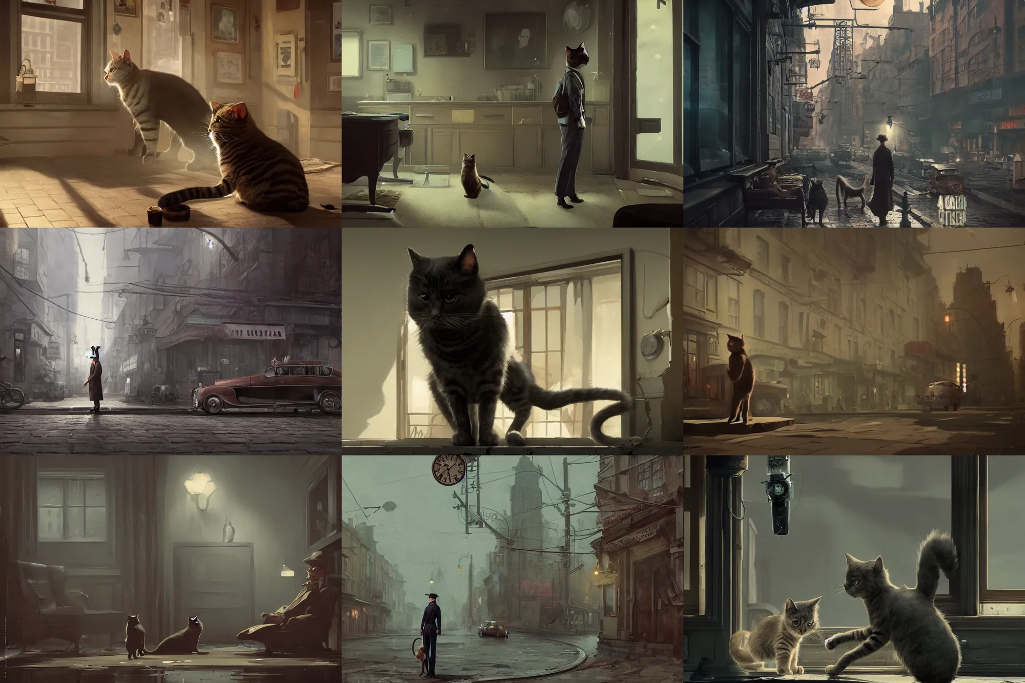 Prompt: a cat is a detective in a 40s noir film, render, ultra realistic, zenith view, Greg Rutkowski, artstation, cgsociety, level design, unreal engine, 3d scene, render, ultra realistic, Enki Bilal style