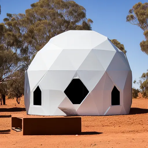 Image similar to robotic 3d printer printing a domed house frame in the australian desert, supervised by a group of three women, XF IQ4, 150MP, 50mm, F1.4, ISO 200, 1/160s, dawn