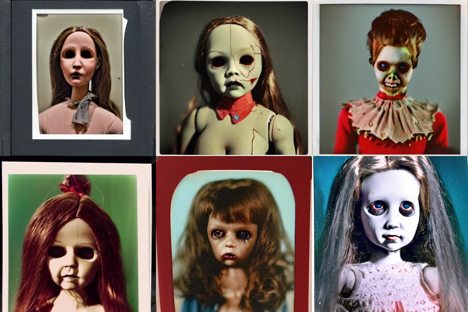 Prompt: A highly detailed head and shoulders masterpiece color polaroid of a doll horror, scary, terrifying, horrific