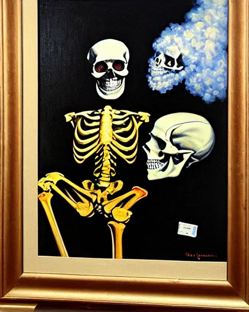 Image similar to oil geometric painting of skull skeletons smoking weed by norman rockwell