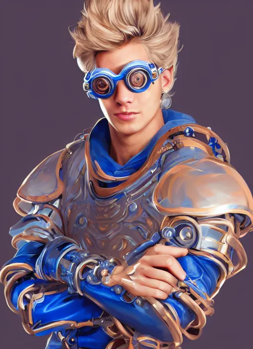 Image similar to a highly detailed illustration of thick wavy bright blonde haired effeminate boy wearing blue robe and goggles and iron cybermechanical arms, blue eyes, dramatic smiling pose, intricate, elegant, highly detailed, centered, digital painting, artstation, concept art, smooth, sharp focus, league of legends concept art, wlop