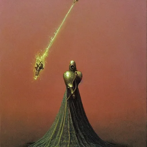 Prompt: mighty knight in golden armour. He has golden hairs. Painting by Beksinski