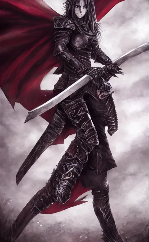 Prompt: dnd art, female vampire knight, barefoot, black full plate armor, historical armor, realistic armor, muscular, full body, monstrous mask, giant two - handed sword dripping blood, red wings, grinning, no boots, black nail polish, realistic, pathfinder, flying.