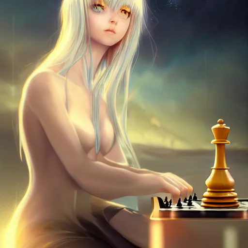 Prompt: rimuru tempest elegantly playing chess, with amber eyes of golden colored eyes, straight hair, sky blue hair, long bangs, high collar, concept art, award winning photography, digital painting, cinematic, wlop, 8 k, by ross tran, tom bagshaw, andy warhol