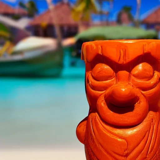 Image similar to a closeup photorealistic photograph of a glossy orange cat garfield style tiki mug sitting at a trader vic's beach bar featuring garfield's face. tiki theme. bright scene. fine detail. this 4 k hd image is trending on artstation, featured on behance, well - rendered, extra crisp, features intricate detail, epic composition and the style of unreal engine.