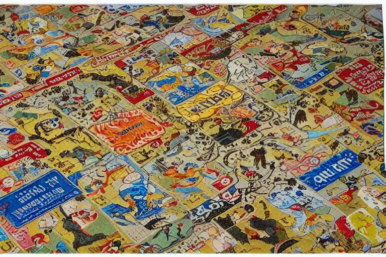 Image similar to an elaborate kids road map carpet rug, detailed, made of penned illustrations, by wes anderson and geoff darrow!!!!!