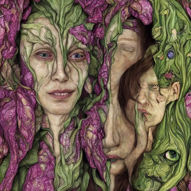 Prompt: a grinning shape shifting girl, plant patterns, her face looks like an orchid, she is the center of the garden, jan van eyck, ernst fuchs, egon schiele, trending on artstation, 8 k, award winning, facial symmetry, iris van herpen, high octane, psychedelic, werewolf, mermaid, harpy, dryad, cybernetic