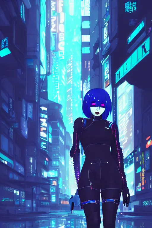 Image similar to digital illustration of cyberpunk pretty girl with blue hair, wearing a black ominatrix outfit, in city street at night, by makoto shinkai, ilya kuvshinov, lois van baarle, rossdraws, basquiat