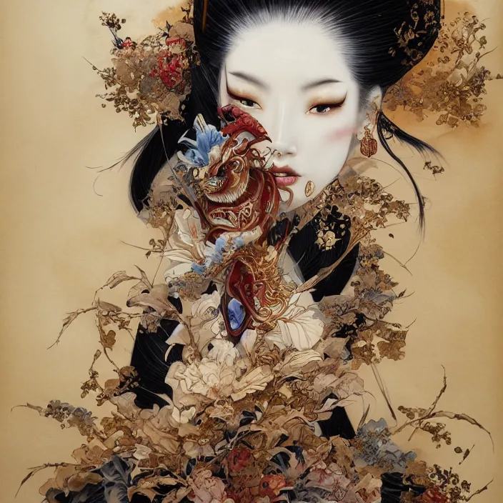 Prompt: asian geisha watercolor painting by yoshitaka amano, daniel merriam, ayami kojima, peter mohrbacher, intricate detail, artstation, artgerm, in the style of darkness - fantasy, rococo, gold leaf art