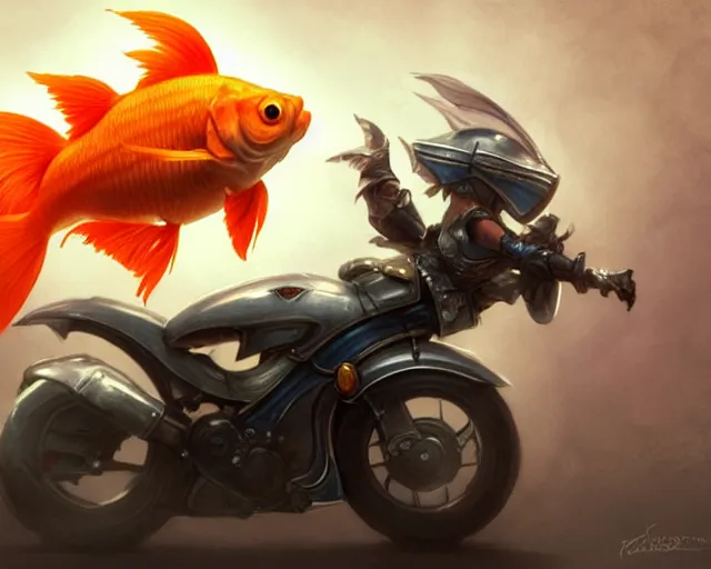 Image similar to a super cute anthropomorphic goldfish from final fantasy, sitting on a motorcycle, deep focus, d & d, fantasy, intricate, elegant, highly detailed, digital painting, artstation, concept art, matte, sharp focus, illustration, hearthstone, art by artgerm and greg rutkowski and alphonse mucha