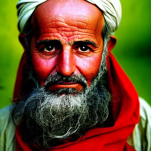 Prompt: portrait of john adams as afghan man, green eyes and red scarf looking intently, photograph by steve mccurry