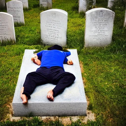 Prompt: a man sleeping on top of his future grave