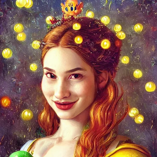 Image similar to a totally amazed smiling pretty supermario surrounded by golden firefly lights in a mesmerizing scene, fully covering intricate detailed bohemian outfit, long loose red hair, precise linework, accurate green eyes, small nose with freckles, beautiful smooth oval head, expressive emotions, hyper realistic ultrafine portrait by artemisia gentileschi, jessica rossier, greg rutkowski, artgerm