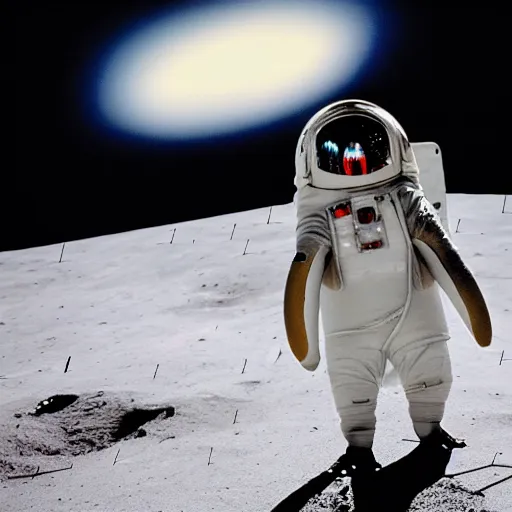 Image similar to a penguin wearing a spacesuit helmet. The penguin astronaut is standing next to the Apollo lunar lander module, on the lunar surface. Dslr footage.