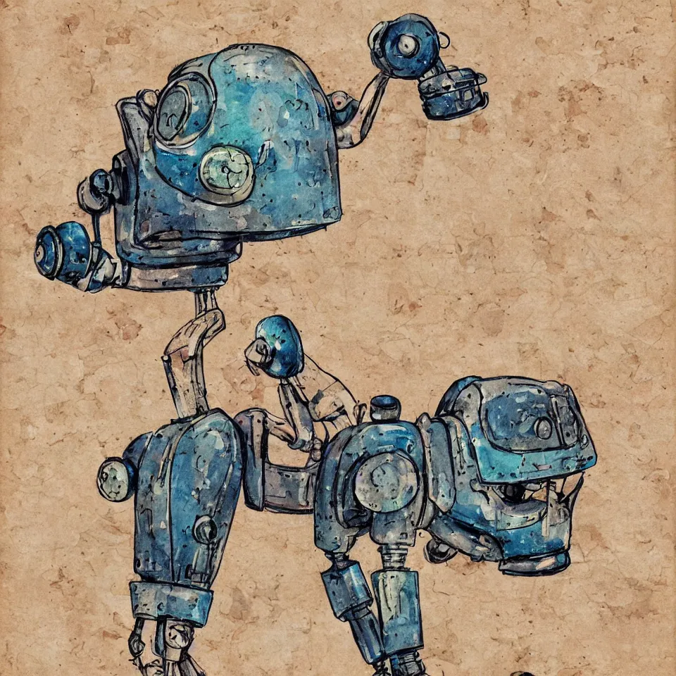 Image similar to a detailed illustration of a cute retro robot dog, alcohol inks on parchment, muted colors, detailed, textured parchment background, 1 9 5 0 s concept art