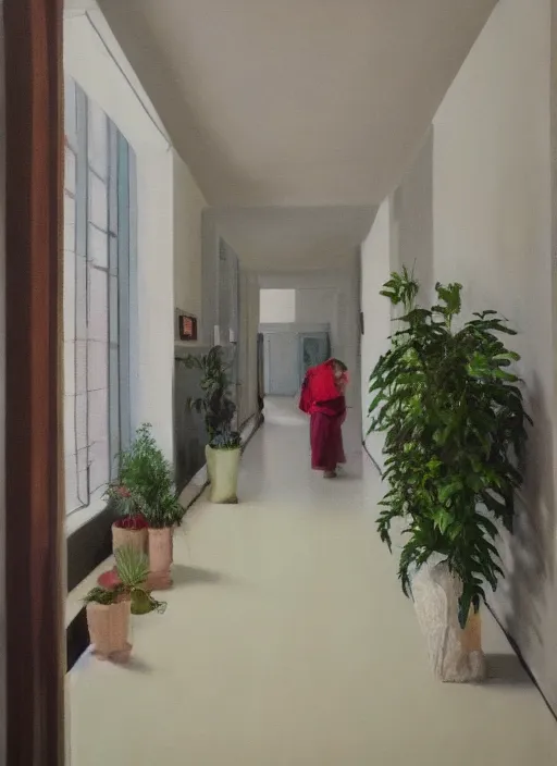 Image similar to an empty hallway, full of house plants and people, oil on canvas
