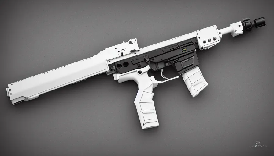 Prompt: extremely detailed ultra realistic photographic side view ultra minimalist assault rifle coilgun, detailed trigger, chemically propelled, battery, smooth streamline, elegant sleek smooth body, white paint, battery and wires, railgun, chemrail, gauss, smooth utopian design, ultra high quality, octane, cod, destiny, warframe, terminator