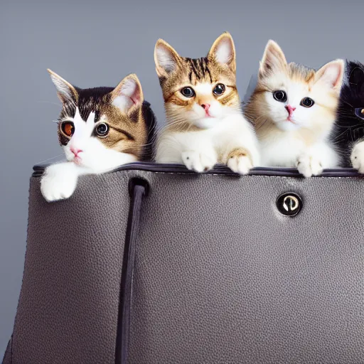 Prompt: lots of furry cats inside a big handbag, gray background, studio lighting, detailed photo, 4 k, 8 k