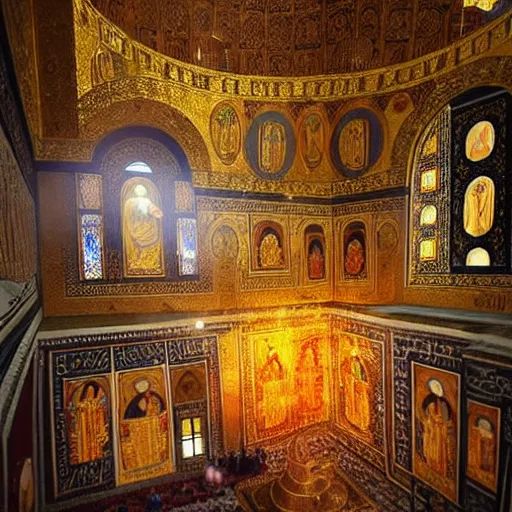 Prompt: divine liturgy being held in the hagia sophia, artstation, artwork, rays of shimmering light, beautiful, surreal, holy