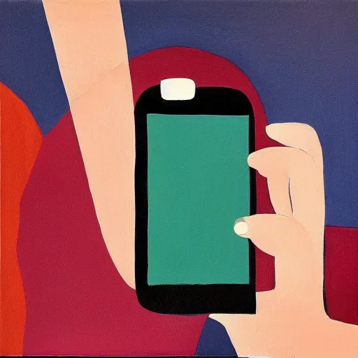 Image similar to A painting of a phone in a persons hand, abstract painting in the style of Sophie Taeuber-Arp and Gary Hume and Tatsuro Kiuchi, flat colour-block style, geometric abstraction, dark earthy colours