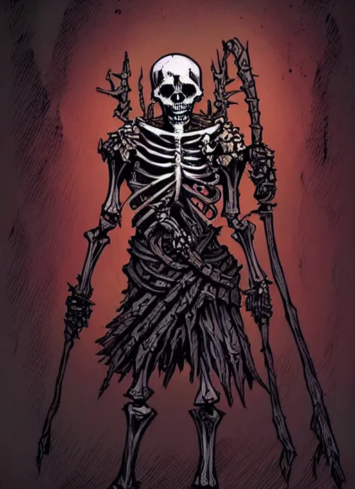 Image similar to concept art of a fragile twisted skeleton warrior with no armor in darkest dungeon, highly detailed, dark atmosphere, cosmic horror, body horror, lovecraft mythos, key character poster