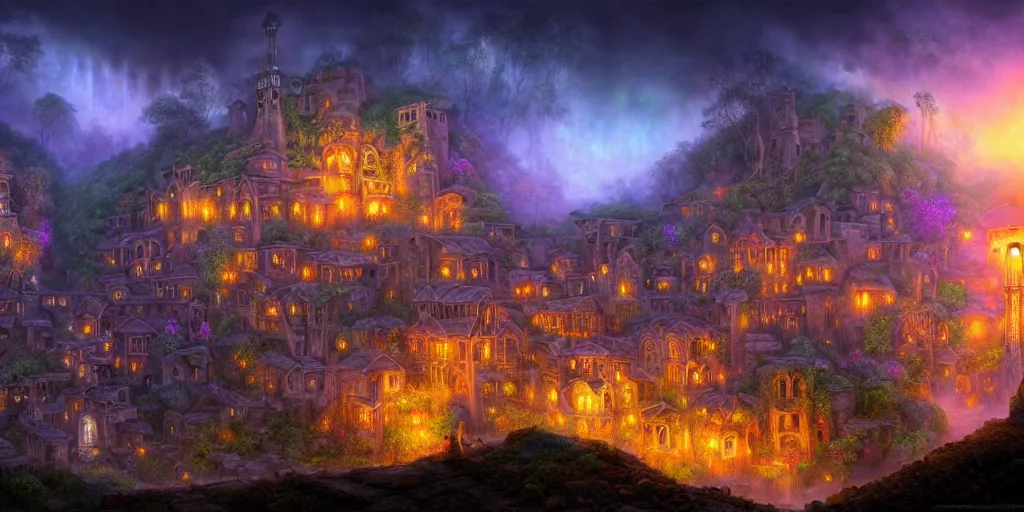 Prompt: misty village in a clockwork eastern waterfall valley, barely lit at night time, ancient ruins, fantasy, precise and incredibly highly detailed intricate 8 k wallpaper, lisa frank, dali, hr giger, krenz cushart, long shot, crisp vibrant colorful and intricate stunning award winning masterpiece trending on artstation beautiful