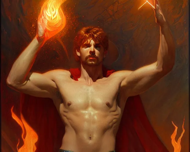 Image similar to attractive male deity, casting demonic magic, summoning handsome lucifer morning star. highly detailed painting by gaston bussiere, craig mullins, j. c. leyendecker 8 k