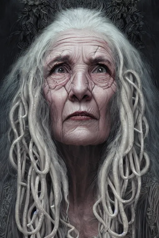 Image similar to realistic portrait beautiful detailed matte painting of cinematic movie scene a crazed old woman with long white hair, tentacles, thorns, vines, horror, created by gustave dore and greg rutkowski, high detailed, smooth draw, synthwave neon retro, intricate, realistic proportions, dramatic lighting, trending on artstation.