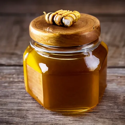 Prompt: a jar of honey in a beehive, product photo