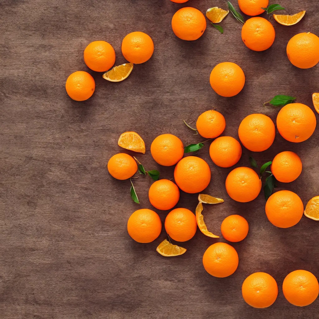 Image similar to top-down view with oranges on top of a wooden table, wallpaper, 4k, photorealistic