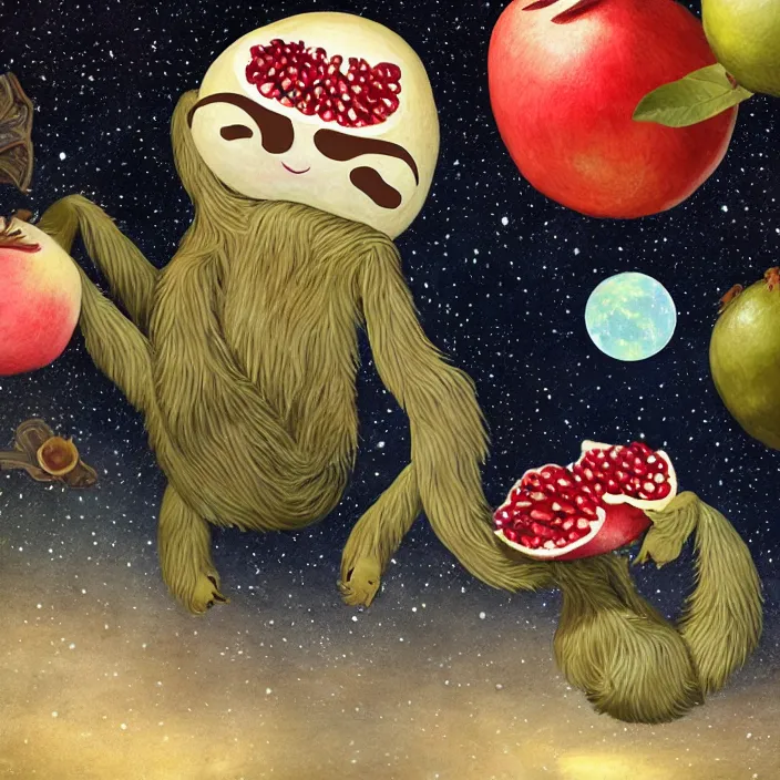 Image similar to sloth enjoying a pomegranate floating though space, starry background, surreal, dark, in the style of mark ryden