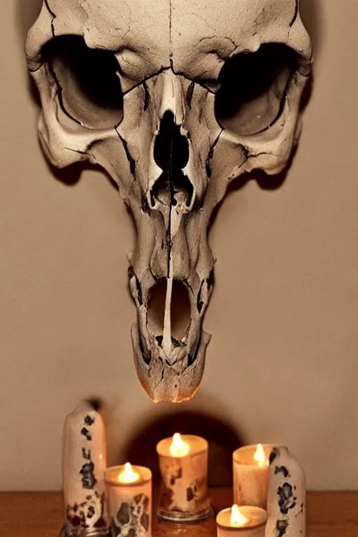 Image similar to animal skull with candles set in its eye sockets, haunting, dim lighting, atmospheric,