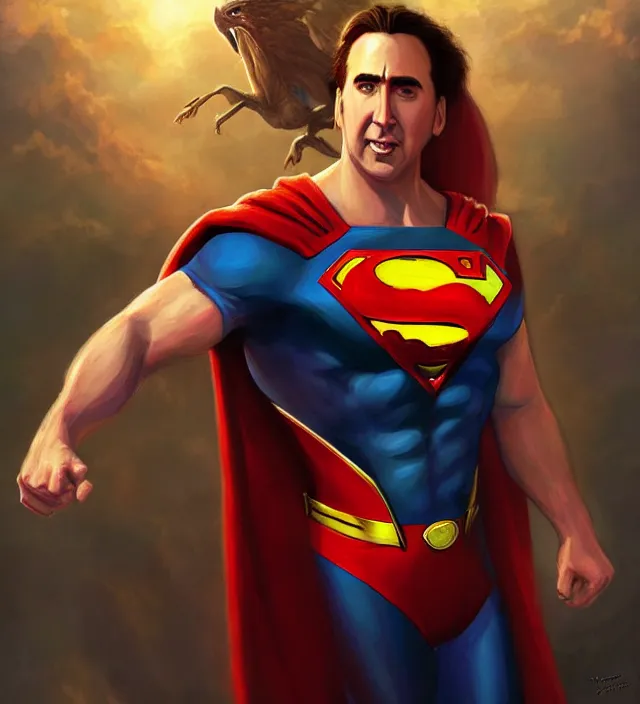 Prompt: nick cage as superman, dnd character art portrait, matte fantasy painting, deviantart artstation, by jason felix by steve argyle by tyler jacobson by peter mohrbacher, cinema