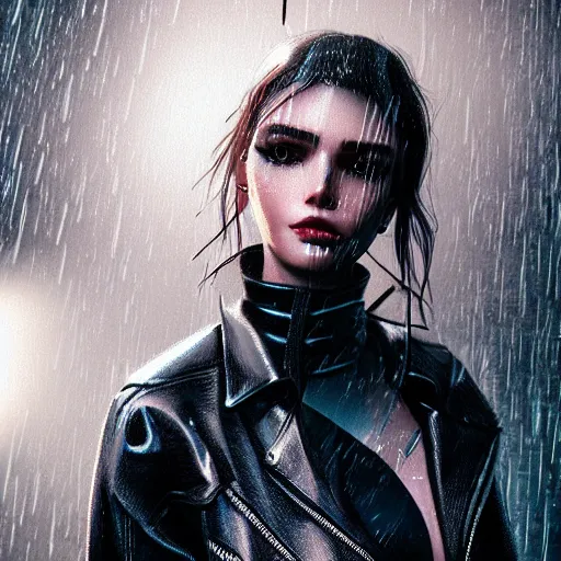 Image similar to stylish woman cartoon portrait made out of rain, leather jacket, cyberpunk background, rendered in octane, unreal engine, highly detailed, trending on artstation, realistic, neon, beautiful