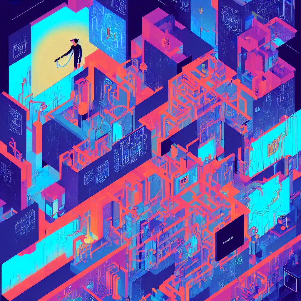 Prompt: illustration of a data-center architecture or schema, security agent with black hat, datastream or river, painting by Jules Julien, Leslie David and Lisa Frank and Peter Mohrbacher and Alena Aenami and Dave LaChapelle muted colors with minimalism