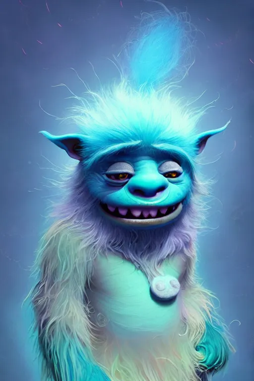 Image similar to a surreal Bioluminescent, very very very cute Hairy Troll in a happy world by Daniel Merriam, Trending on Artstation, oil on Canvas by Elena Zhurikhina and Goro Fujita and Charlie Bowater, octane render, 4k, 8k, HD