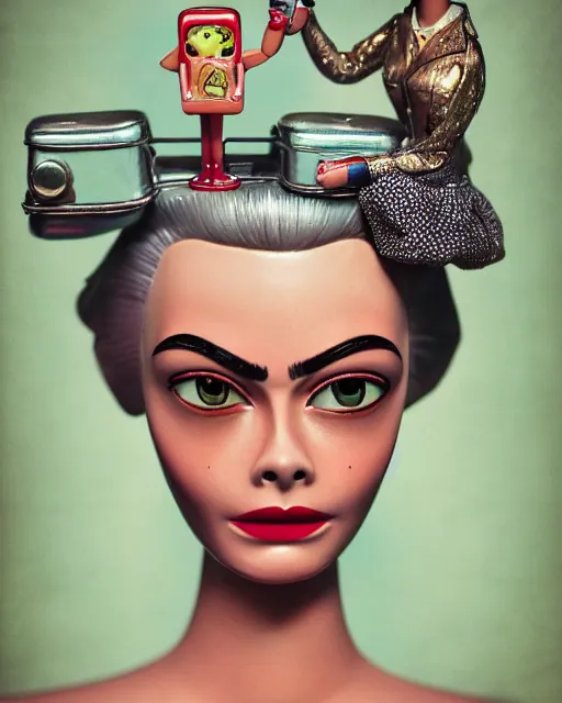 Image similar to closeup face profile portrait of a tin toy retro 1 9 5 0 s cara delevingne, bikini, depth of field, zeiss lens, fashion photoshoot by nicoletta ceccoli, mark ryden, lostfish, breathtaking, detailed and intricate environment, 8 k resolution, extremely detailed, beautiful, establishing shot, artistic, hyperrealistic, octane render