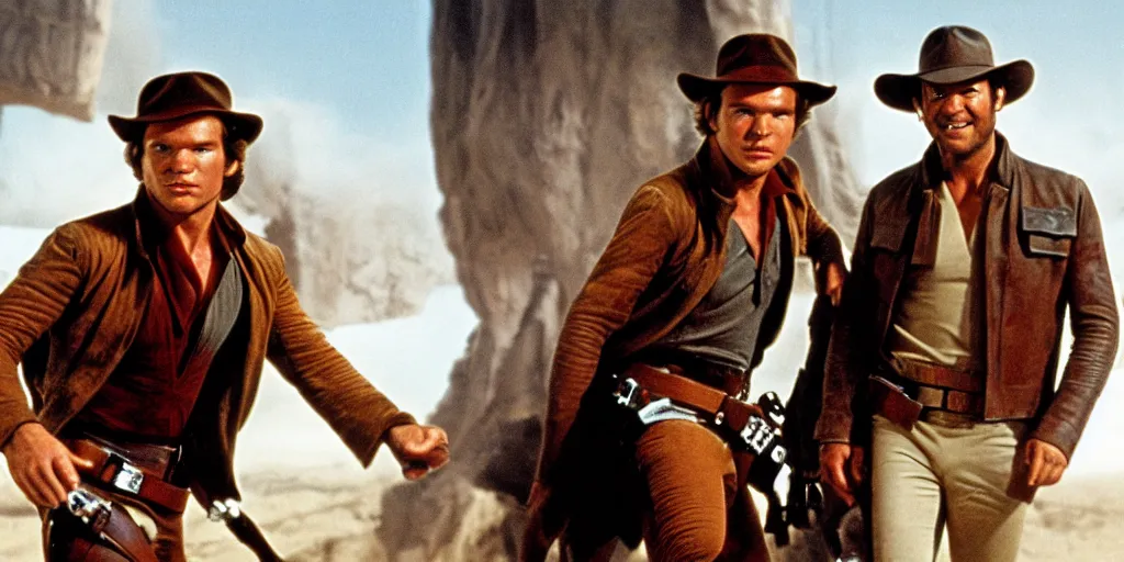 Image similar to han solo and indiana jones meeting for the first time