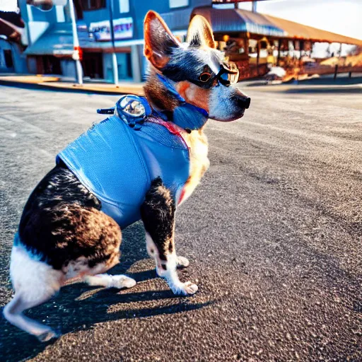 Image similar to blue heeler dog on a motorcycle, 8 k photography, blurred background of a wafflehouse