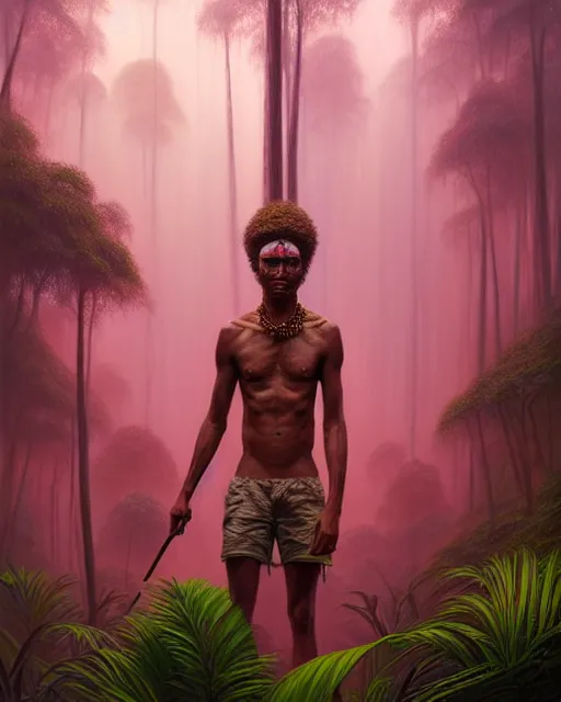 Image similar to a hyper - detailed 3 d render like an oil painting of tribe member portrait in a tropical forest with pink smoke!!!!! surreal concept art, lifelike, photorealistic, digital painting, aesthetic, smooth, sharp focus, artstation hd, by greg rutkowski, bruce pennington, valentina remenar, rhads, asher duran,