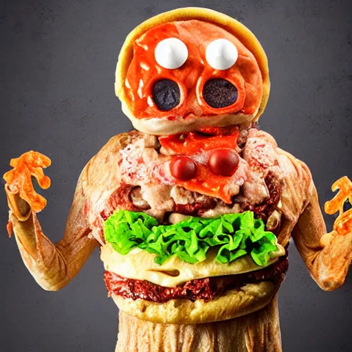 Image similar to a humanoid bipedal upright zombie that strongly resembles a hamburger, professional food photography