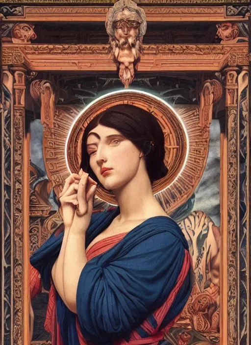 Image similar to beautiful enlightened instagram selfie influencer woman with tattoos, tattooed skin, oil painting, robe, symmetrical face, greek dark ritual myth, by john william godward and anna dittman, masterpiece