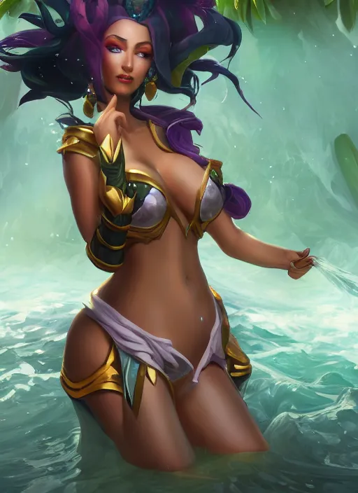 Image similar to qiyana, from league of legends, au naturel, washing in the river, hyper detailed, digital art, trending in artstation, cinematic lighting, studio quality, smooth render, unreal engine 5 rendered, octane rendered, art style by klimt and nixeu and ian sprigger and wlop and krenz cushart