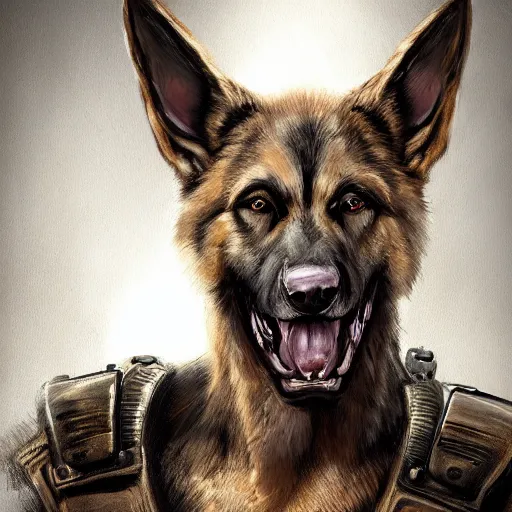 Prompt: a wounded humanoid german shepherd beast - man in military style, his ear has been bitten off, he is healing his wounds, highly detailed portrait, digital painting, artstation, concept art, smooth, sharp foccus ilustration, artstation