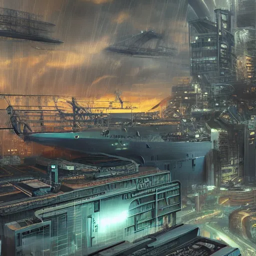 Image similar to photo of Immense industrial futuristic cargo ship arrives at cyber punk city sea port, cinematic lighting, photo