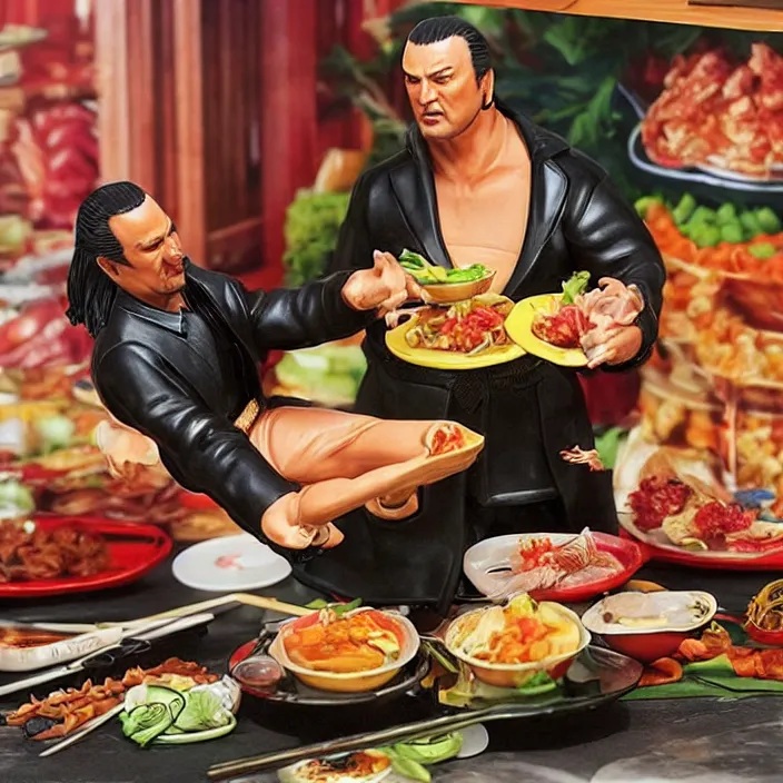 Prompt: detailed figure of steven seagal from asian connection flipping a table of food, first 4 figures, detailed product photo